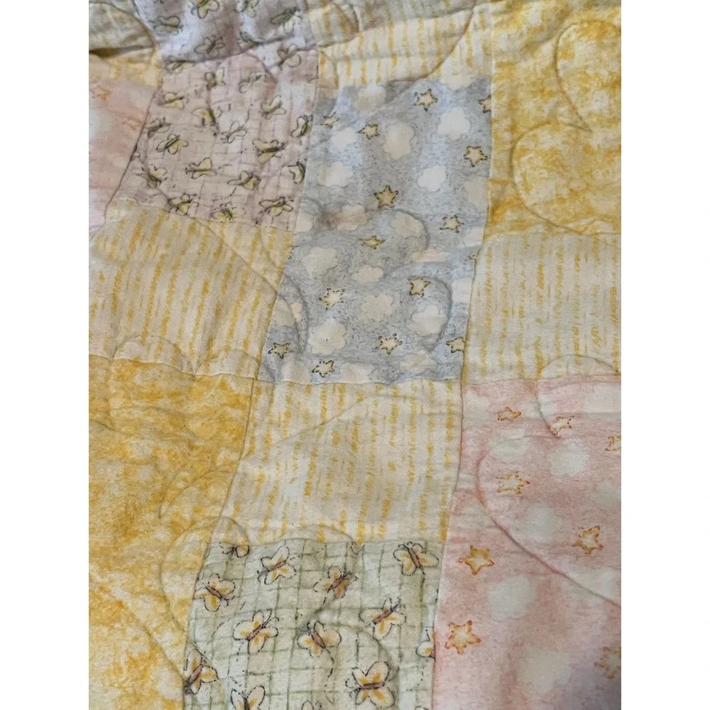 Handmade Patchwork Quilt Pastel Butterfly Star Heart Quilted Baby Blanket Yellow